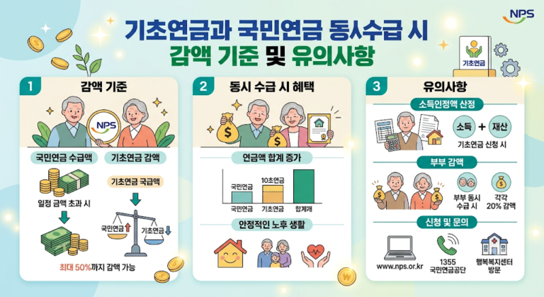기초연금과 국민연금 동시 수급 시 발생할 수 있는 감액 기준(국민연금 수급액에 따른 최대 50% 감액)을 알기 쉽게 시각화한 인포그래픽입니다. 우측에는 동시 수급 시의 혜택과 부부 감액, 소득인정액 산정 시 주의사항 및 국민연금공단(1355) 신청·문의 방법이 일러스트와 함께 정리되어 있습니다.