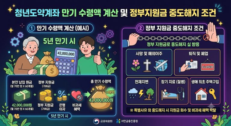 청년도약계좌의 5년 만기 시 예상 수령액 계산 예시(원금, 이자, 지원금, 비과세)를 시각화한 인포그래픽입니다. 우측에는 중도해지 시 정부지원금 회수 기준과 특별해지 예외 사유(사망, 퇴직, 질병, 주택구입 등)가 일러스트와 함께 안내됩니다.