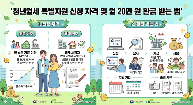 청년월세 특별지원의 신청 자격(소득 및 주택 기준)과 지원 내용(월 최대 20만 원 환급)을 직관적으로 정리한 인포그래픽입니다. 우측에는 온라인 신청부터 심사, 지급까지의 4단계 절차와 준비 서류 및 지원 기간(최대 12개월)이 귀여운 일러스트와 함께 안내됩니다.