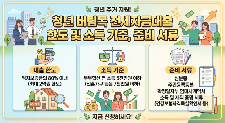 이미지 속 안내문은 청년 버팀목 전세자금대출의 주요 요건인 최대 2억 원 한도(보증금의 80% 이내)와 소득 기준(부부합산 5천만 원, 신혼가구 등 7천만 원 이하)을 안내합니다. 이와 함께 신분증, 주민등록등본, 확정일자부 임대차계약서, 소득 및 재직 증명 서류 등 대출 신청 시 필요한 제출 서류 항목을 보기 쉽게 제시하고 있습니다.