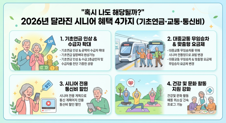 이미지는 밝고 화사한 민트색 배경에 둥근 모서리의 직사각형 테두리 안에 구성되어 있습니다. 상단에는 중앙 제목이 있고, 그 아래로 네 개의 주요 혜택 섹션이 2x2 그리드 배열로 나누어져 있습니다. 전체적인 스타일은 따뜻하고 친근한 일러스트레이션이며, 각 섹션은 제목, 하위 항목,