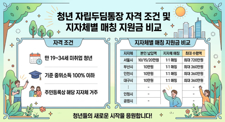 이미지 속 안내문은 청년 자립두림통장의 자격 조건(연령·소득·거주지)과 각 지자체별 1:1 매칭 지원 비율 및 최대 수령액을 안내하고 있습니다.