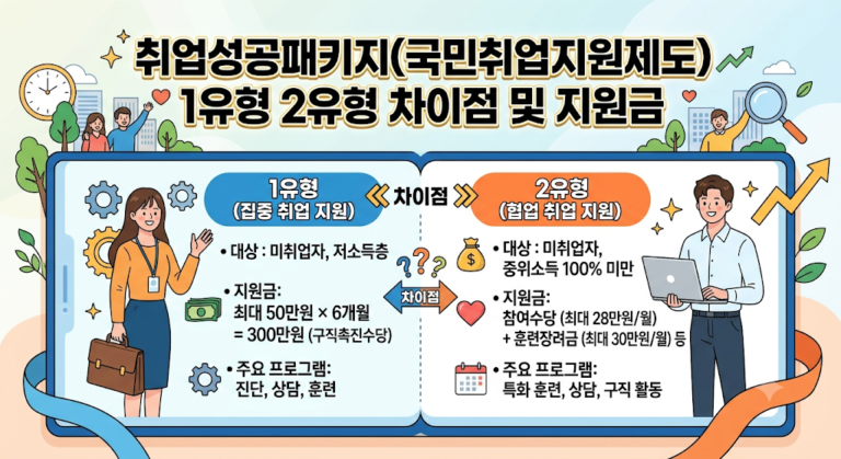 국민취업지원제도인 취업성공패키지의 1유형과 2유형의 차이점을 표로 보여주는데, 대상과 지원금, 주요 프로그램이 나와 있습니다.