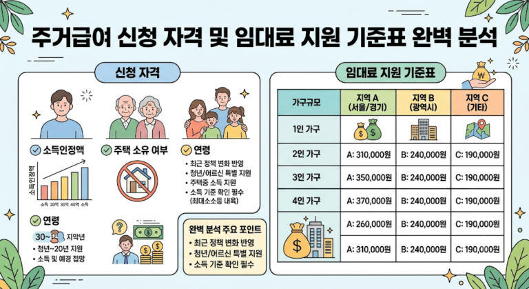주거급여 신청 자격과 임대료 지원 기준표를 정리한 인포그래픽으로, 소득인정액, 주택 소유 여부, 연령 등 자격 요건과 가구 규모 및 지역별 지원 금액을 표와 일러스트로 명확하게 보여줍니다. 전체적으로 민트색 톤의 밝고 깔끔한 배경에 HY견고딕 스타일의 굵은 글씨와 직관적인 캐릭터, 아이콘들을 배치하여 복잡한 정책 정보를 사용자가 한눈에 쉽게 이해하도록 구성했습니다.