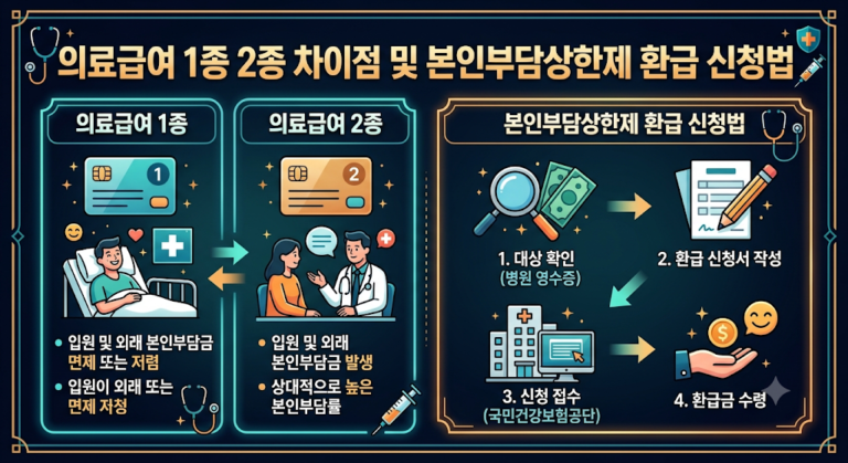 의료급여 1종은 근로 능력이 없어 입원비가 무료인 반면 2종은 근로 능력이 있어 입원 진료비의 10%를 본인이 부담합니다. 본인부담상한제 환급은 기준 금액 초과 안내문을 받은 뒤 국민건강보험공단 누리집·앱, 전화, 방문으로 신청하면 계좌로 지급됩니다.