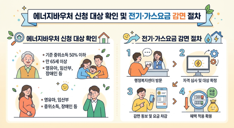 에너지바우처 신청 대상(중위소득 50% 이하 및 노인·임산부 등)과 접수부터 감면까지의 전기·가스요금 신청 절차가 안내되어 있습니다. 밝은 배경에 직관적인 일러스트를 배치하여 신청 자격과 4단계 처리 과정을 한눈에 이해하기 쉽게 구성한 인포그래픽입니다.