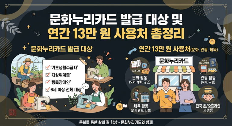 어두운톤 바탕의 카드뉴스 이미지에 HY견고딕 스타일 폰트와 일러스트로 문화누리카드 발급 대상 및 사용처 정보가 정리되어 있습니다. 좌측에는 기초생활수급자 등 4가지 발급 대상, 우측에는 문화·관광·체육 등 연간 13만 원 사용처 정보가 수록되어 있습니다.