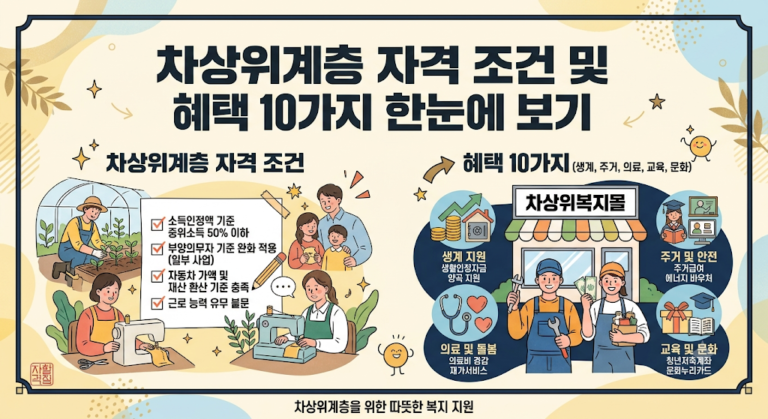 차상위계층 자격 조건(소득인정액 기준 중위소득 50% 이하 등)과 주요 혜택 10가지를 정리한 인포그래픽입니다. 생계, 주거, 교육, 의료, 문화 분야별 혜택과 구체적인 지원 내용을 일러스트와 함께 한눈에 확인할 수 있도록 구성했습니다.