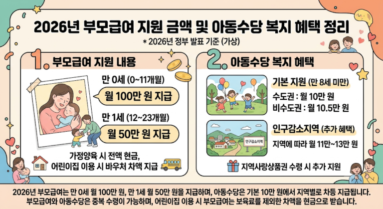 2026년 부모급여는 만 0세 월 100만 원, 만 1세 월 50만 원이 지급되며 어린이집 이용 시 보육료 차액을 현금으로 지원받습니다. 아동수당은 기본 월 10만 원에 거주 지역 및 인구감소지역 여부에 따라 최대 13만 원까지 부모급여와 중복 수령 가능합니다.