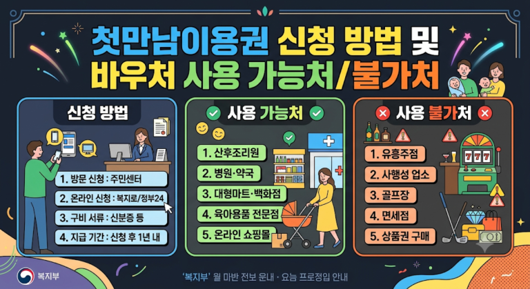 첫만남이용권은 출생 후 1년 이내 주민센터나 복지로·정부24에서 신청 가능하며 국민행복카드 바우처 포인트로 지급됩니다. 육아용품, 병원, 산후조리원, 대형마트 등에서 사용할 수 있으며 유흥·레저업종 및 상품권 구매 등은 사용이 제한됩니다.