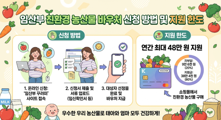임산부 친환경 농산물 바우처의 온라인 신청 방법(사이트 접속, 서류 제출, 바우처 지급)을 3단계 일러스트로 설명합니다. 연간 최대 48만 원(지원금 80%, 자부담 20%)의 지원 한도와 친환경 농산물 구매 내용을 담은 카드 뉴스 형태의 이미지입니다.