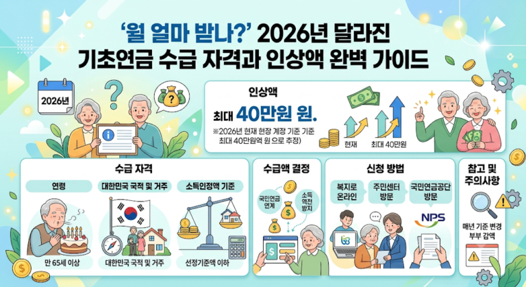 이미지는 밝고 파스텔 톤의 민트색 배경에 둥근 테두리의 흰색 상자들과 일러스트레이션으로 구성되어 있습니다. 상단 중앙에 큰 글씨로 제목이 있고, 그 아래로 기초연금 제도에 대한 구체적인 정보들이 4개의 주요 섹션으로 나뉘어 제시됩니다. 전체적으로 따뜻하고 친근한 일러스트 스타일을 사용하여 정보 전달을 돕습니다.