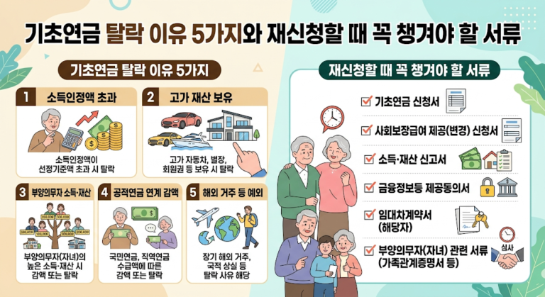 기초연금 탈락 이유 5가지(소득/재산 초과, 부양의무자 기준, 공적연금 연계, 해외 거주 등)를 일러스트와 함께 알기 쉽게 설명하는 인포그래픽입니다. 우측에는 재신청 시 필요한 필수 서류 체크리스트(신청서, 소득/재산 신고서, 금융정보 동의서 등)와 행복한 가족의 모습을 배치하여 유용한 정보를 전달합니다.