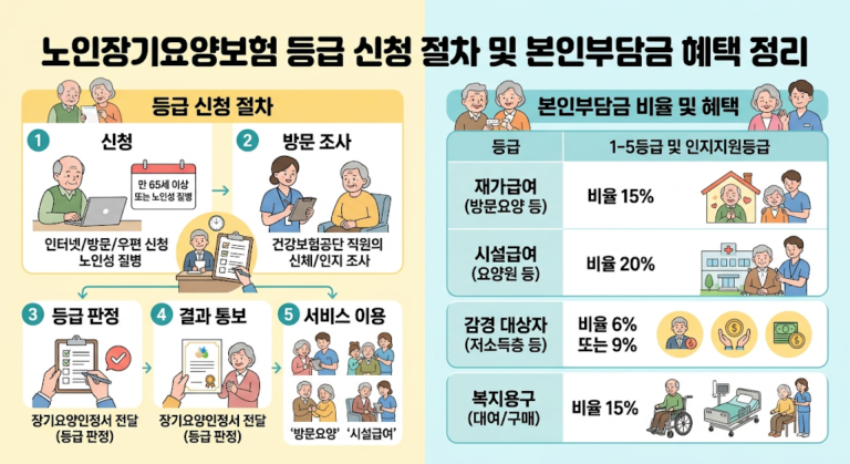 노인장기요양보험의 등급 신청 절차(신청, 방문조사, 등급판정, 결과통보, 서비스이용)를 좌측에 단계별로 정리한 인포그래픽입니다. 우측에는 재가급여(15%), 시설급여(20%), 감경 대상자(6~9%), 복지용구(15%) 등 등급별 본인부담금 비율과 혜택을 보기 쉽게 시각화하였습니다.