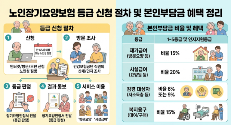 노인장기요양보험 등급 신청 절차를 신청, 방문조사, 등급판정, 결과통보, 서비스이용 5단계로 정리하고 재가급여 15퍼센트, 시설급여 20퍼센트, 감경 대상자 본인부담금 비율을 함께 안내하는 인포그래픽