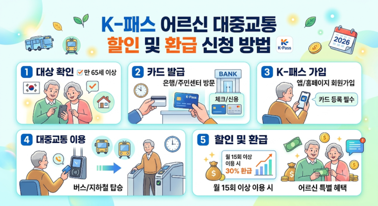 K-패스 어르신 대중교통 할인 및 환급 신청 절차(대상 확인, 카드 발급, 가입, 대중교통 이용, 환급)를 5단계로 시각화한 인포그래픽입니다. 월 15회 이상 대중교통 이용 시 30% 환급 혜택과 주민센터/은행을 통한 카드 발급 및 앱 등록 방법을 귀여운 일러스트와 함께 안내합니다.